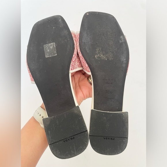 Prada Red White Jacquard canvas logo embroidered quilted leather sandals EU 38.5 - Picture 5 of 10